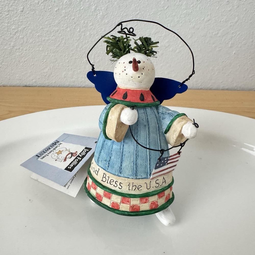 Vtg Y2k Snowman Xmas Ornament God Bless the USA Angel Sandi Gore Evans Midwest